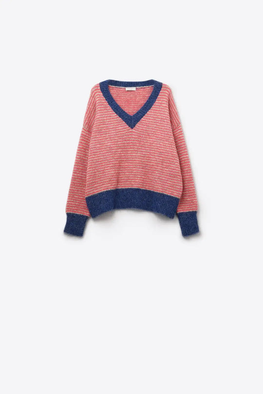 Fuchsia Striped Knit Sweater with Blue Details - FUCHSIA / ONE - Sweaters