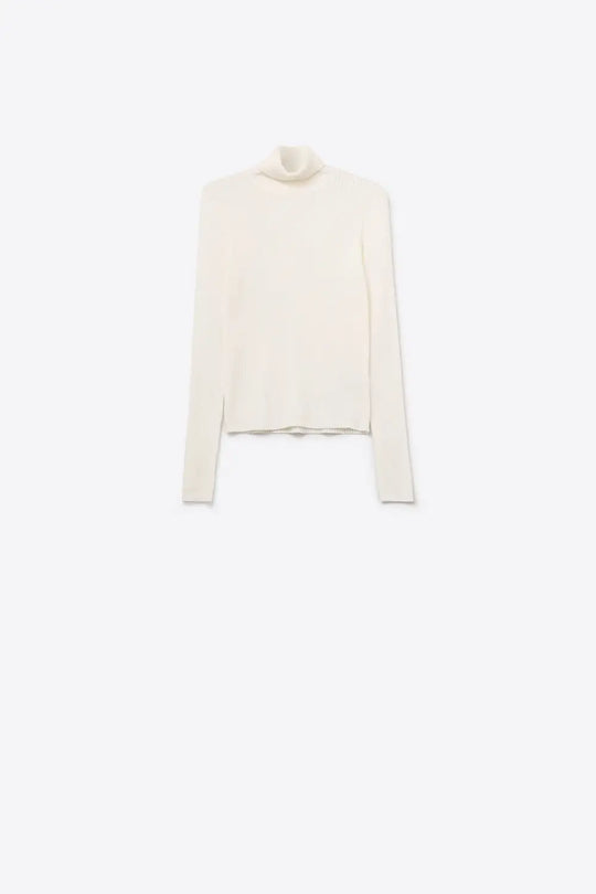 Rolled Turtle Neck Ribbed Sweater in White - Sweaters