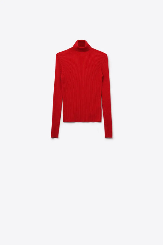 Rolled Turtle Neck Ribbed Sweater in Ruby Red - Sweaters