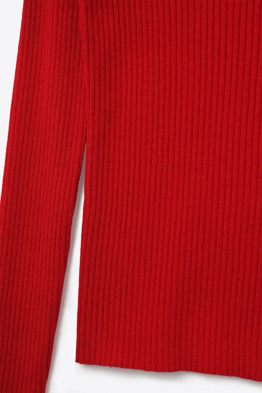 Rolled Turtle Neck Ribbed Sweater in Ruby Red - Sweaters
