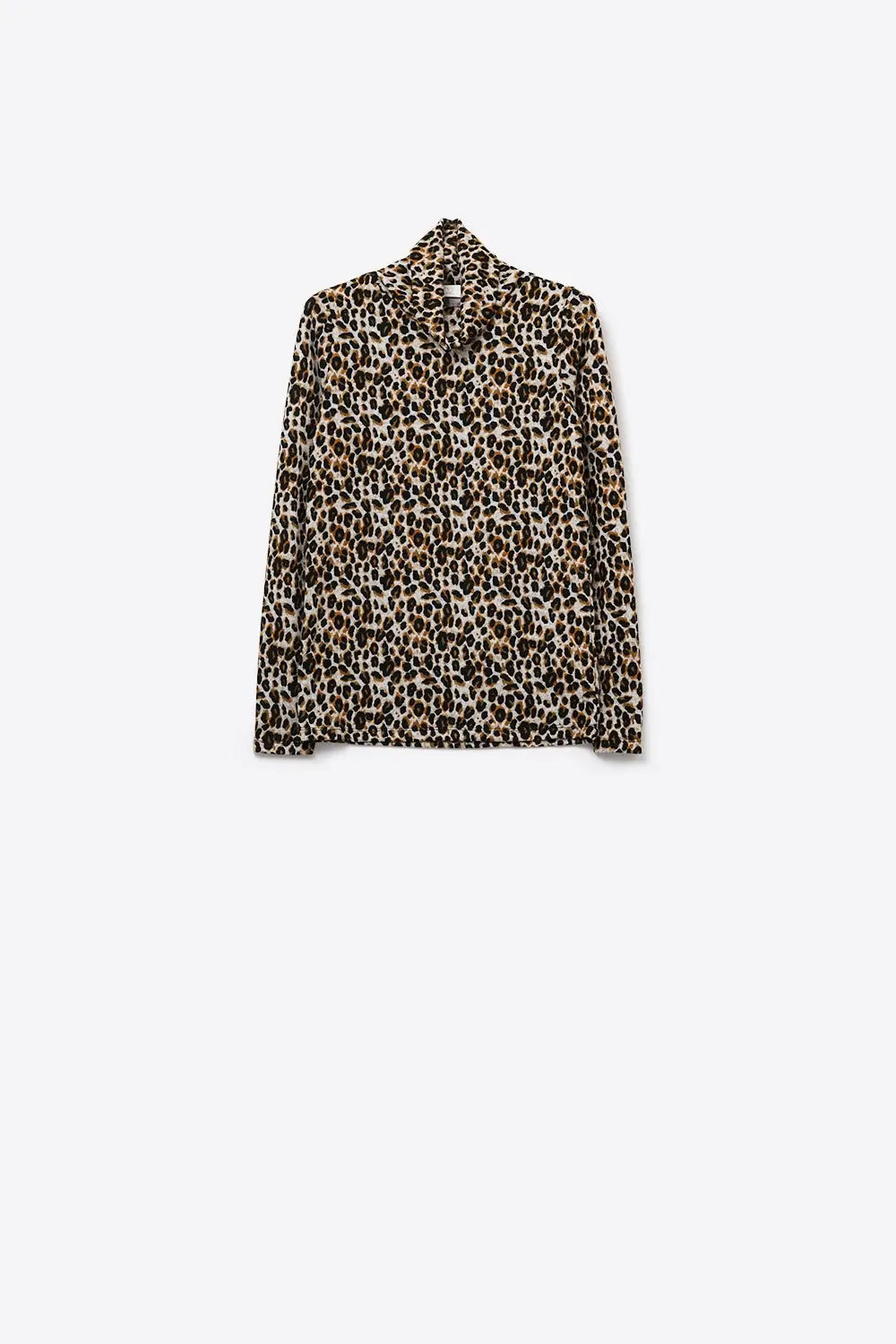 Long Sleeve Turtleneck Top in Brown Leopard Print - Tops