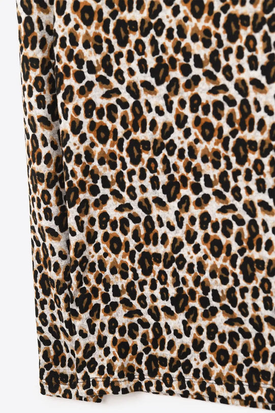 Long Sleeve Turtleneck Top in Brown Leopard Print - Tops
