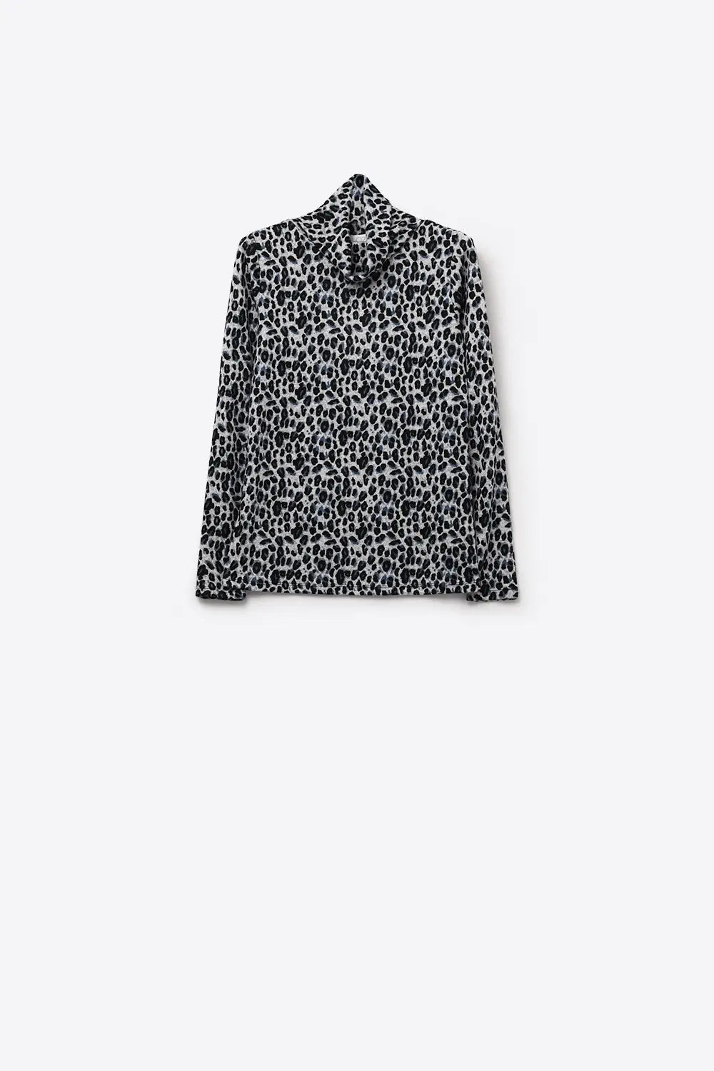 Long Sleeve Turtleneck Top in Grey Leopard Print - Tops