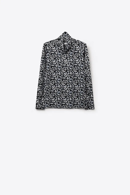 Long Sleeve Turtleneck Top in Grey Leopard Print - Tops
