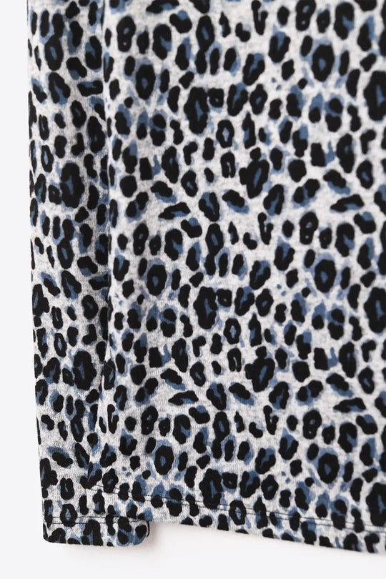 Long Sleeve Turtleneck Top in Grey Leopard Print - Tops