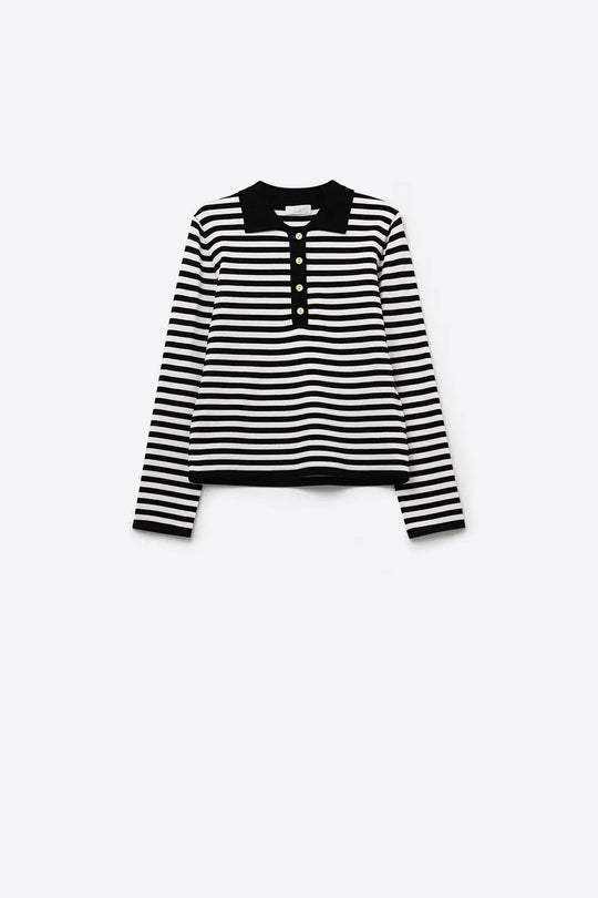 Black &amp; White Striped Long-Sleeve Polo - Tops