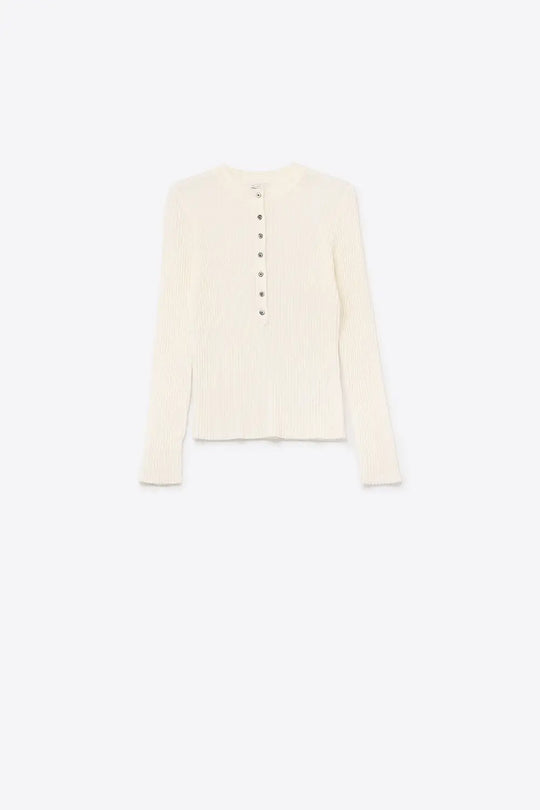henley Long Sleeve Ribbed Sweater in White - Sweaters