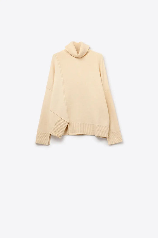 Soft knitted Asymmetric Turtleneck Sweater in beige - Sweaters