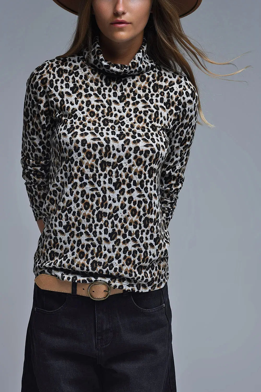 Long Sleeve Turtleneck Top in Brown Leopard Print - Tops