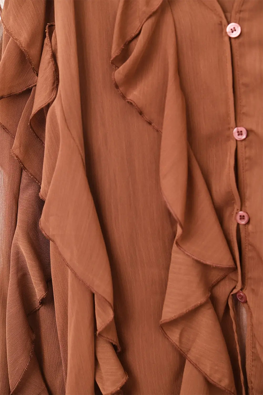 Brown chiffon V-Neck All Over Ruffle Blouse - Shirts