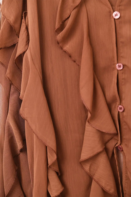 Brown chiffon V-Neck All Over Ruffle Blouse - Shirts