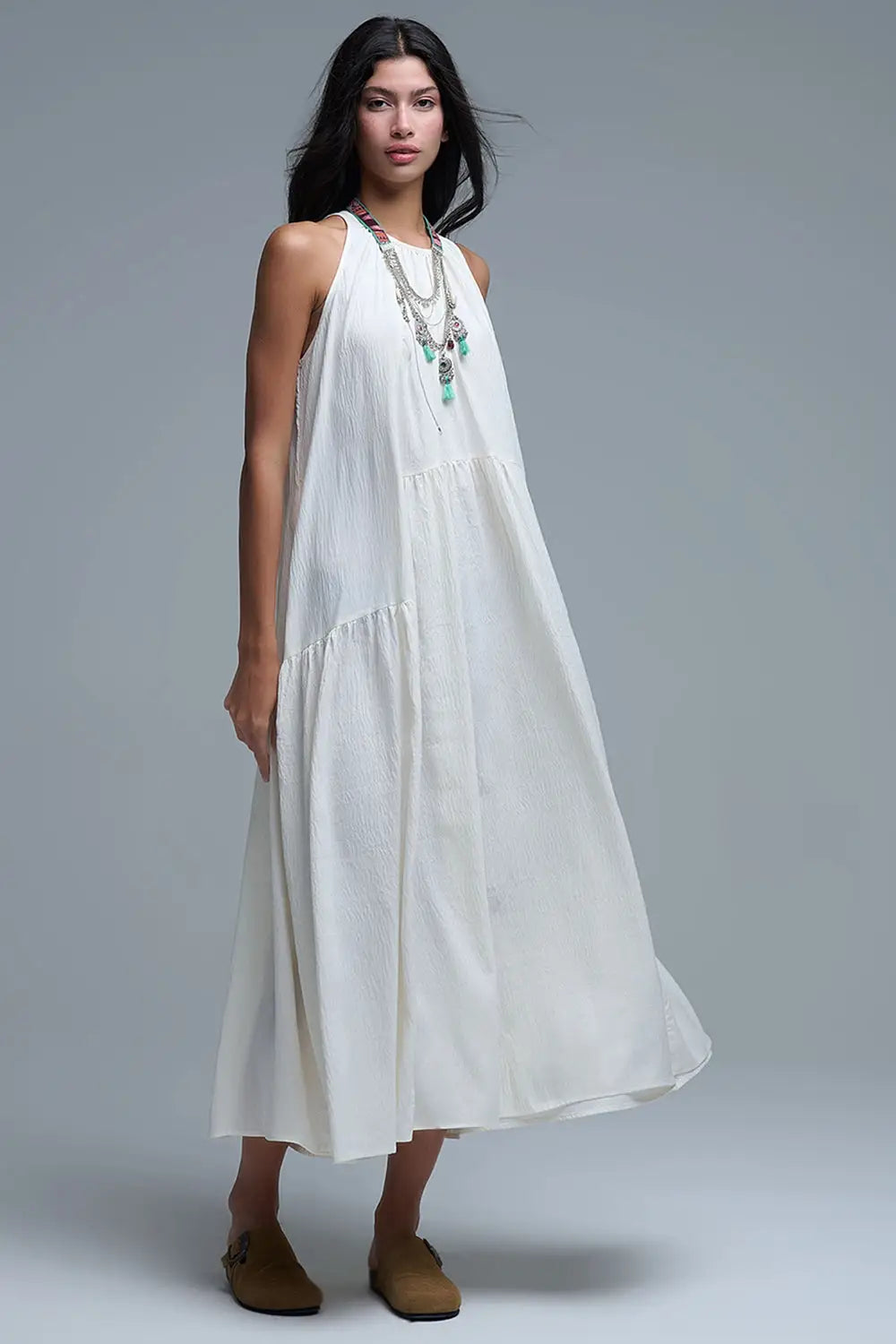 Cream Halter Neck Maxi Dress With Seam Detailing - Dresses
