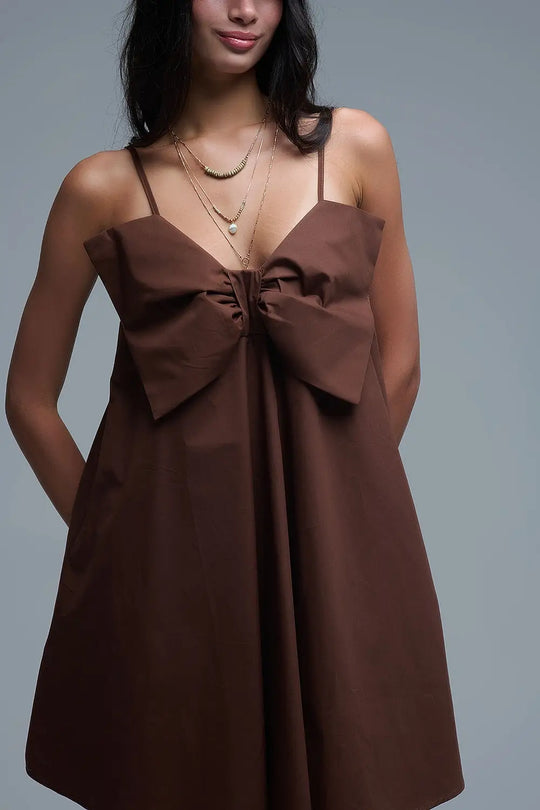 Brown poplin mini dress with a big bow detail - Dresses