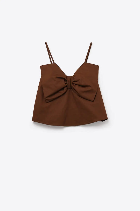 Chocolate Brown poplin crop top with bow detail - Tops