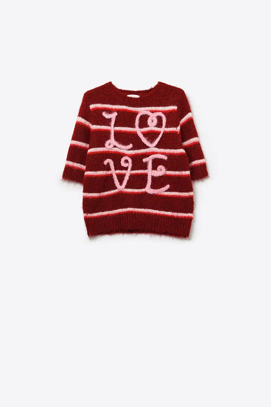 Short Sleeve Embroidered Love Sweater in Burgundy - RED / ONE - Sweaters