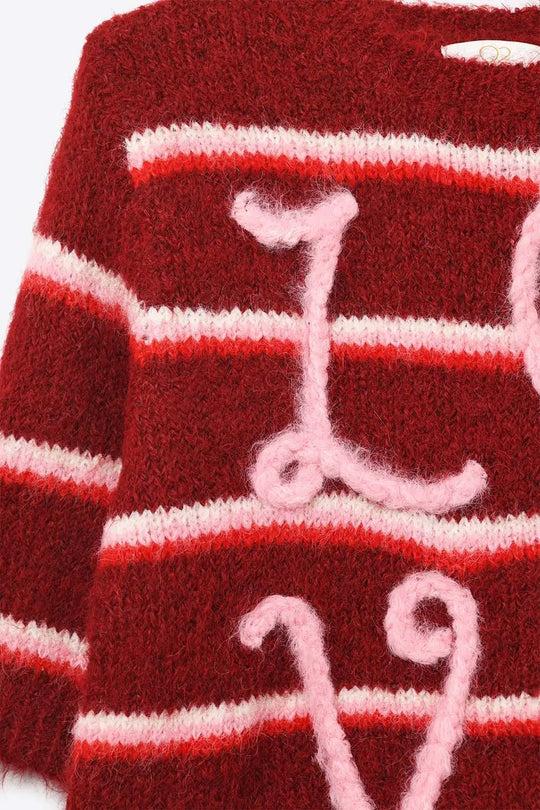 Short Sleeve Embroidered Love Sweater in Burgundy - RED / ONE - Sweaters