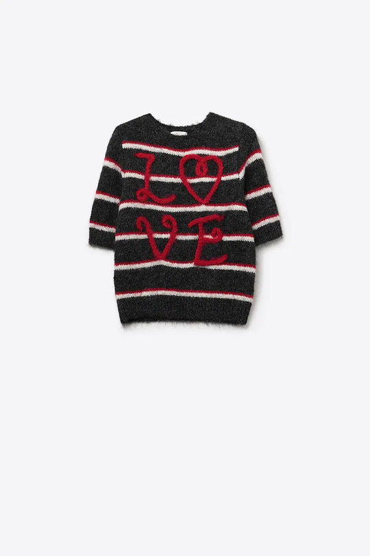 Short Sleeve Embroidered Love Sweater in Dark Grey - GRAY / ONE - Sweaters