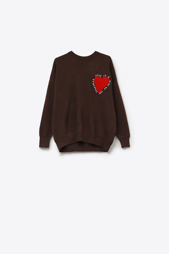 Embroidered Heart knitted Sweatshirt With Text in Brown - BROWN / ONE - Sweaters
