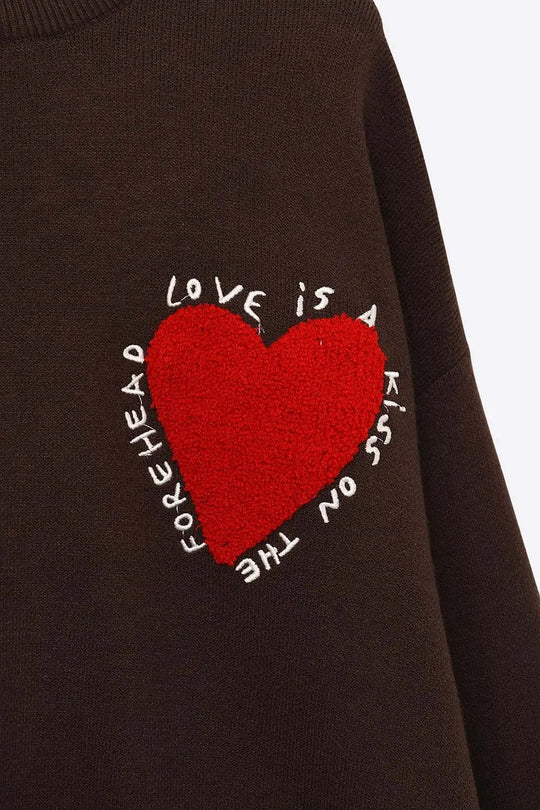 Embroidered Heart knitted Sweatshirt With Text in Brown - BROWN / ONE - Sweaters