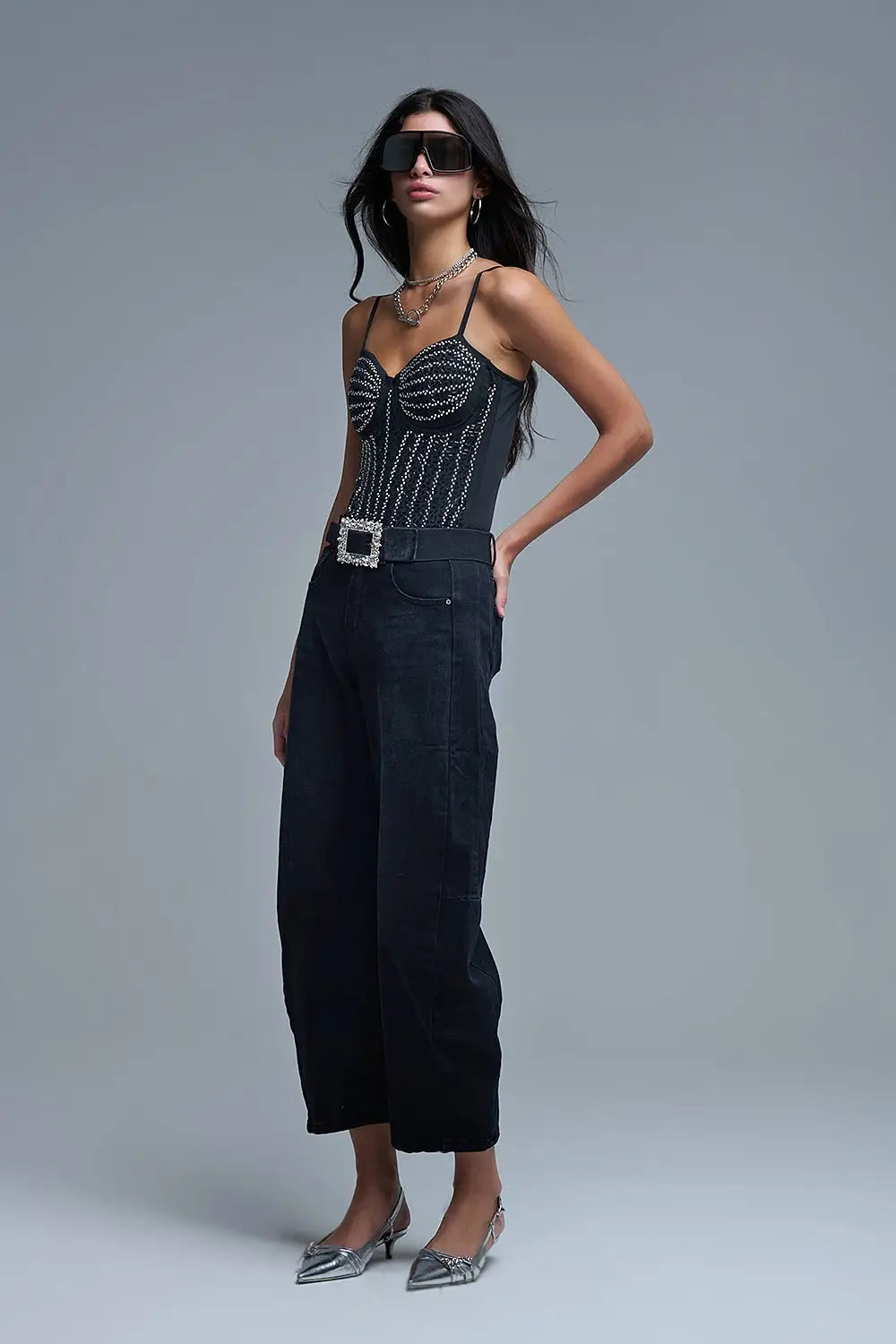 Slimming Beaded Party Body Suit in Black - Tops