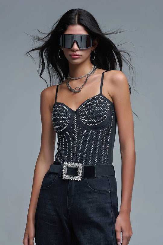 Slimming Beaded Party Body Suit in Black - Tops