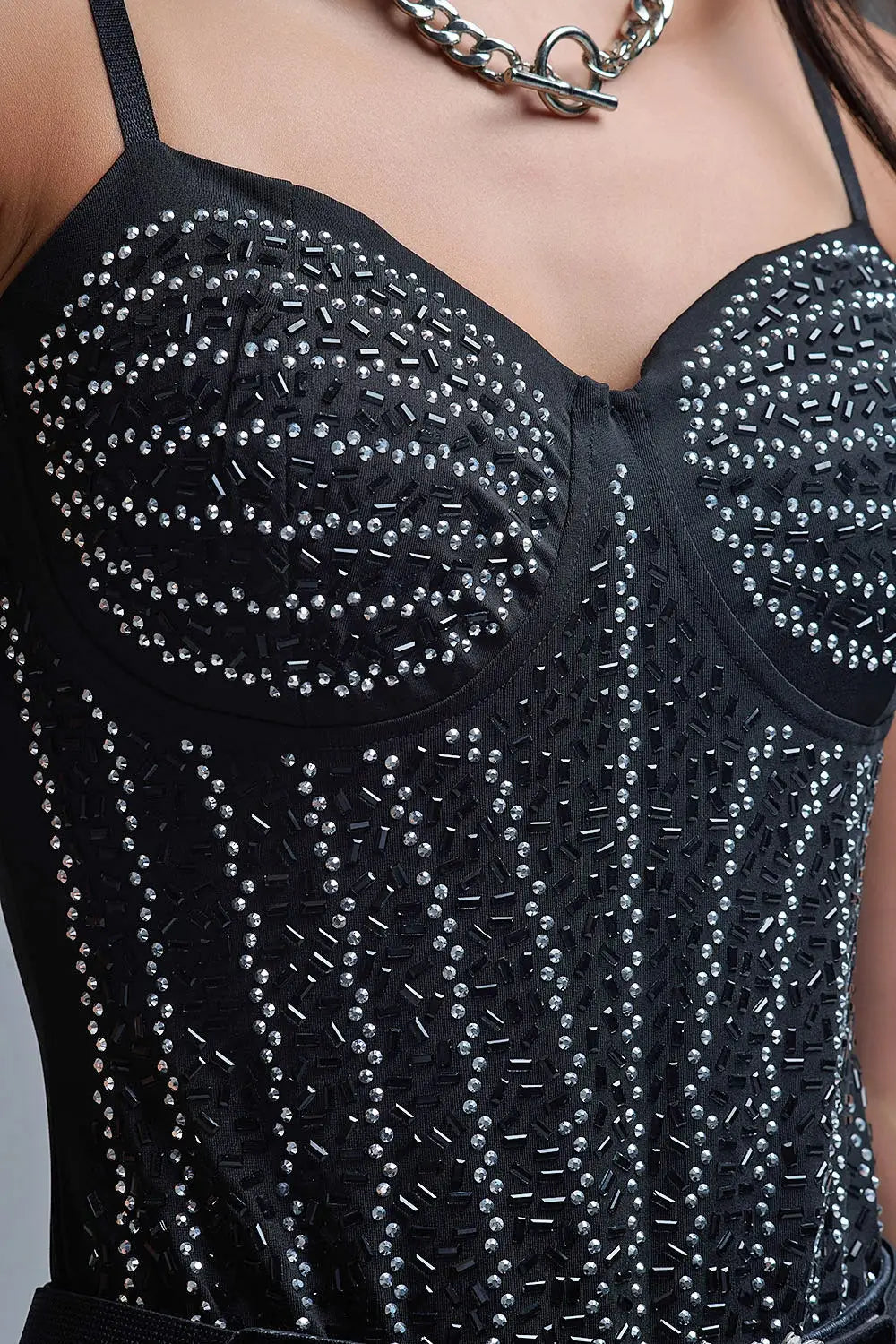 Slimming Beaded Party Body Suit in Black - Tops