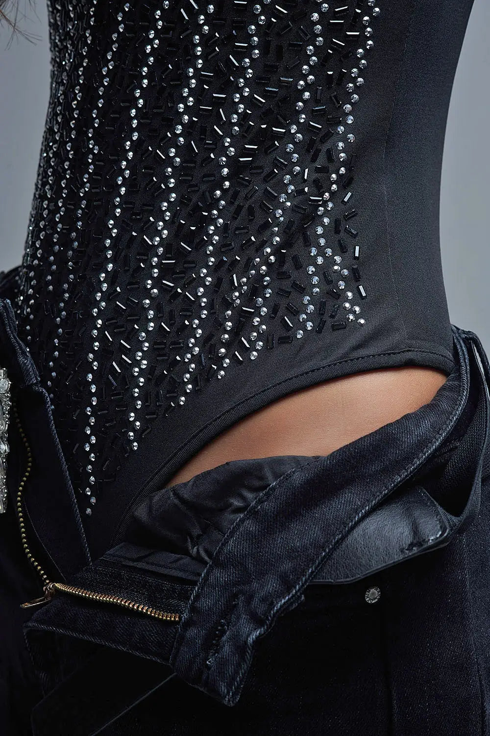 Slimming Beaded Party Body Suit in Black - Tops