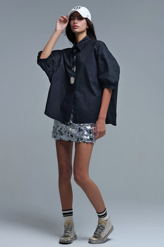 Relaxed 3/4 Sleeve Poplin Shirt With Button Detail in Black