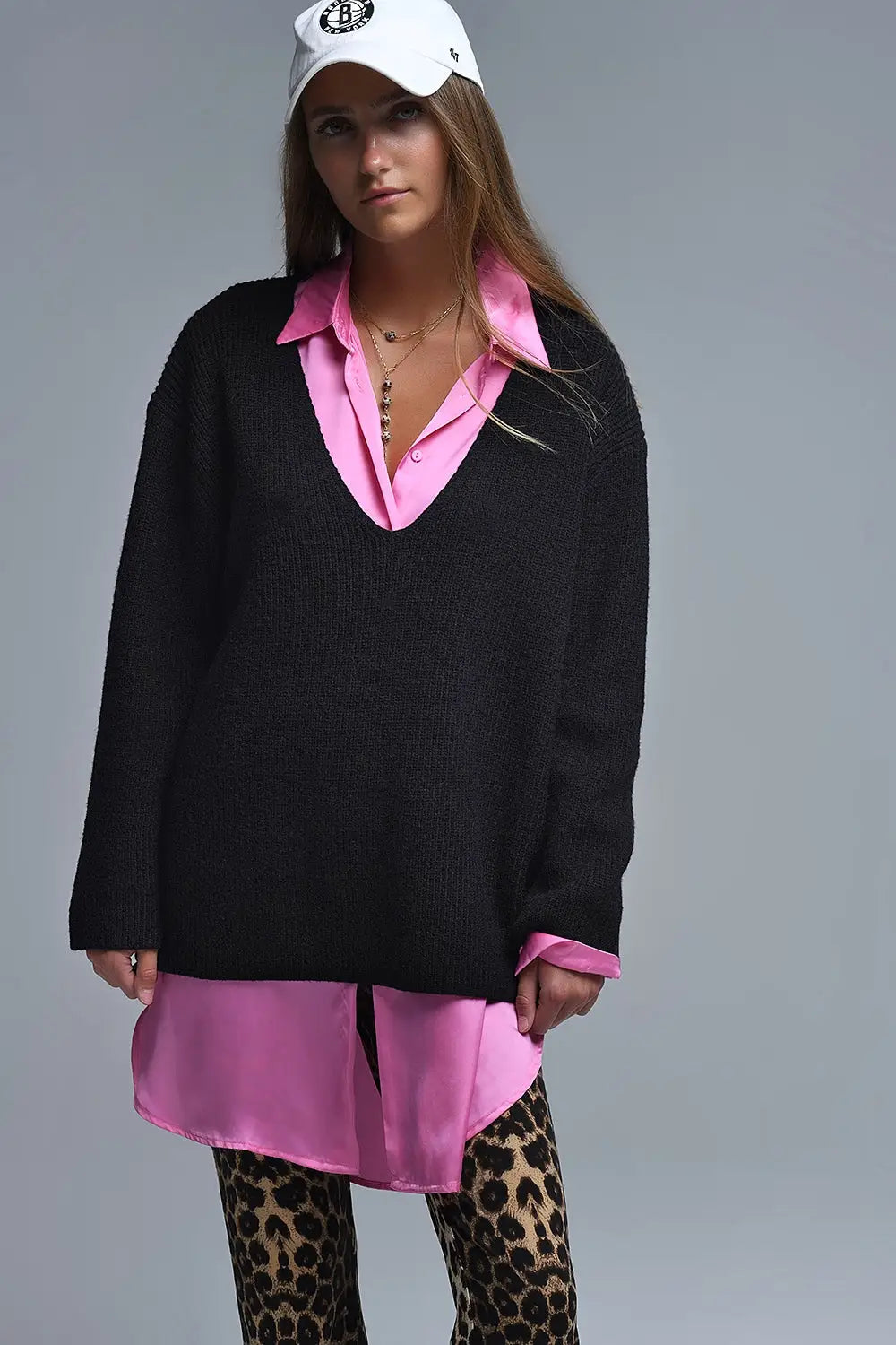 Super oversized Thin V-neck Sweater in Black - BLACK / ONE - Sweaters