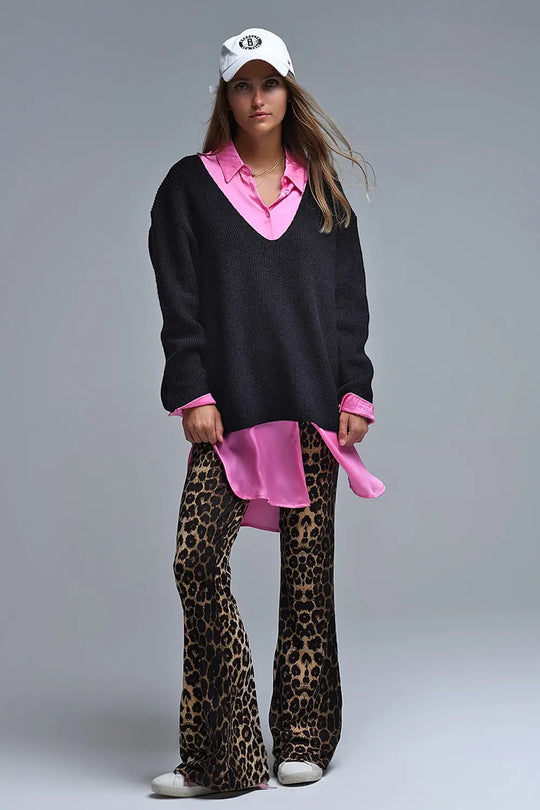 Super oversized Thin V-neck Sweater in Black - BLACK / ONE - Sweaters