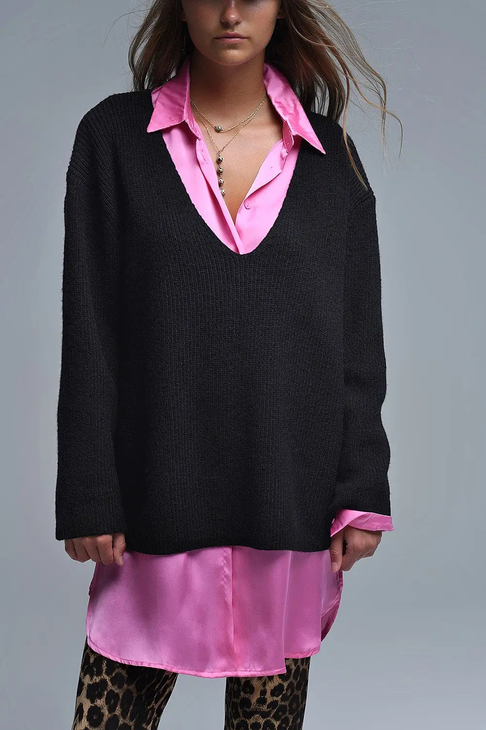 Super oversized Thin V-neck Sweater in Black - BLACK / ONE - Sweaters