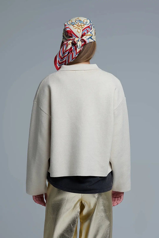 Relaxed Formal Knitted Cardigan With Chest Pockets in Beige - Cardigans