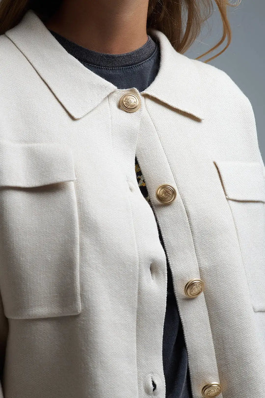 Relaxed Formal Knitted Cardigan With Chest Pockets in Beige - Cardigans