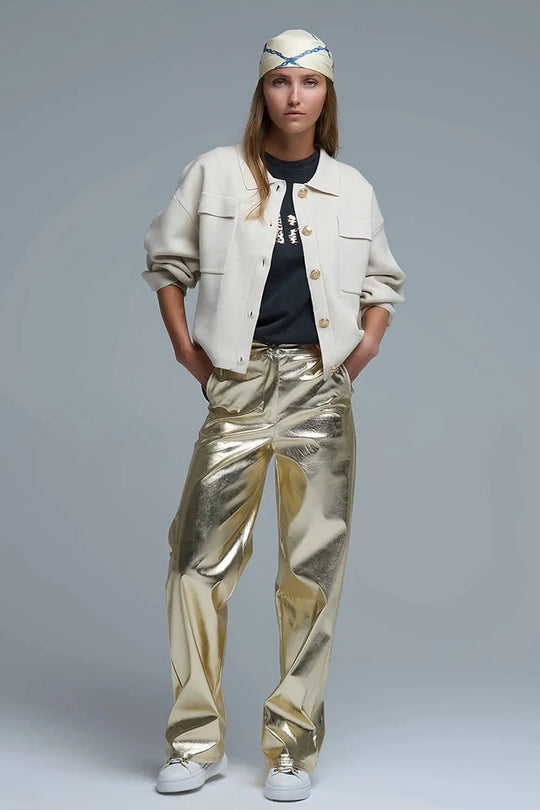 Relaxed Formal Knitted Cardigan With Chest Pockets in Beige - Cardigans