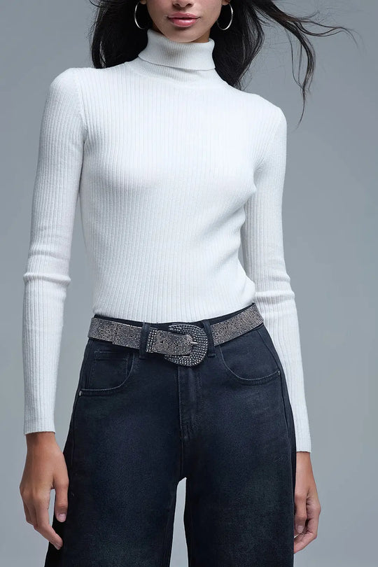 Rolled Turtle Neck Ribbed Sweater in White - Sweaters