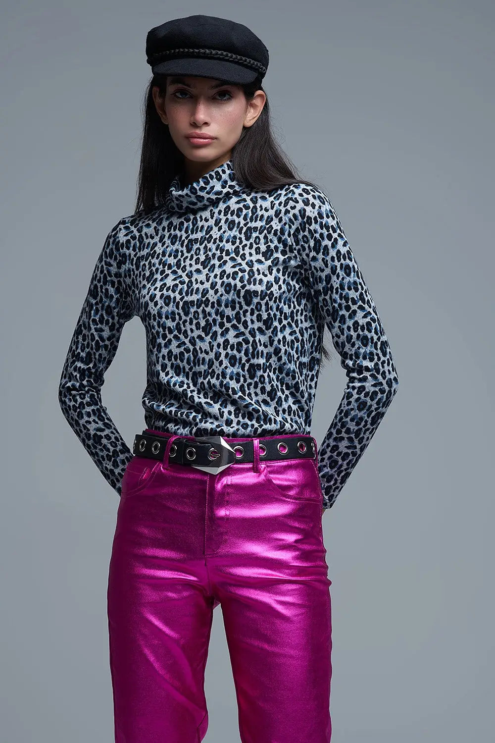 Long Sleeve Turtleneck Top in Grey Leopard Print - Tops