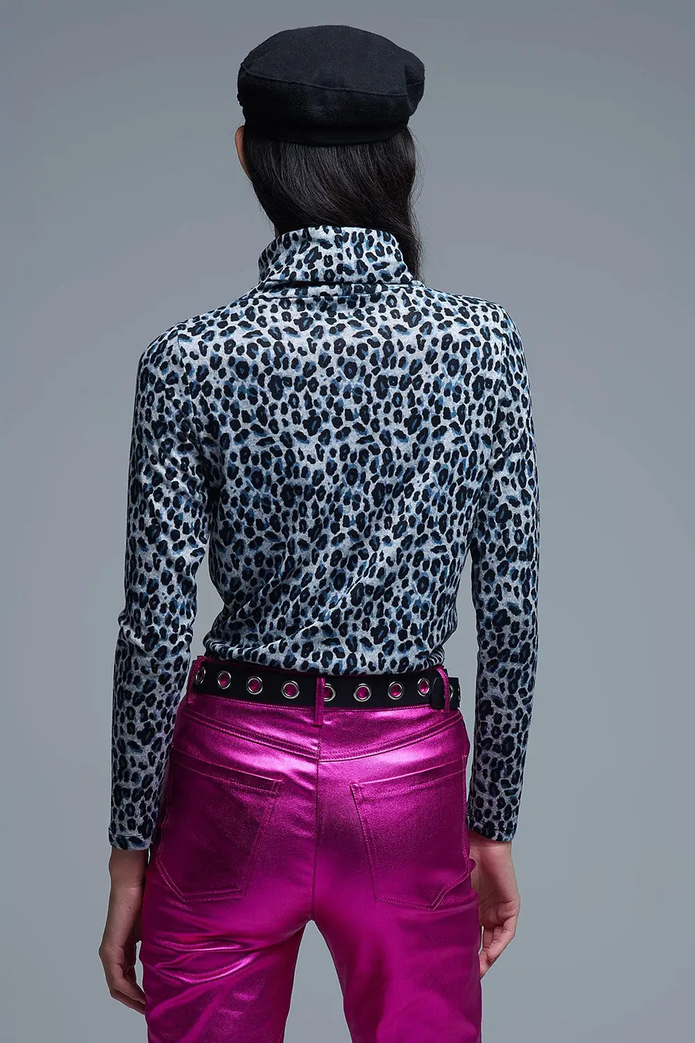 Long Sleeve Turtleneck Top in Grey Leopard Print - Tops