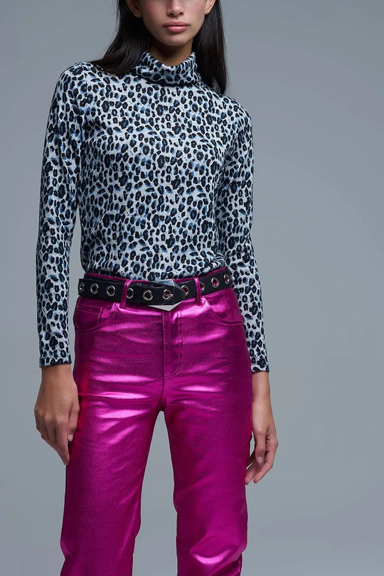 Long Sleeve Turtleneck Top in Grey Leopard Print - Tops