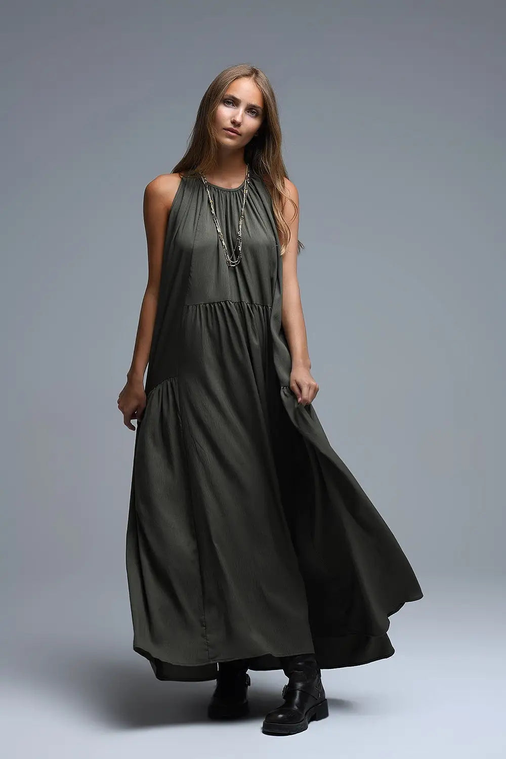 Khaki Halter Neck Maxi Dress With Seam Detailing - Dresses