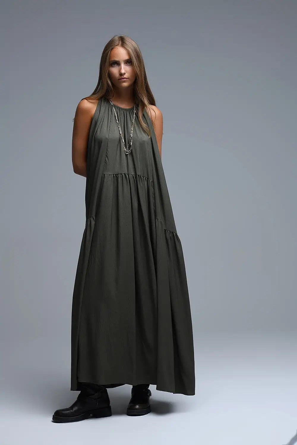 Khaki Halter Neck Maxi Dress With Seam Detailing - Dresses
