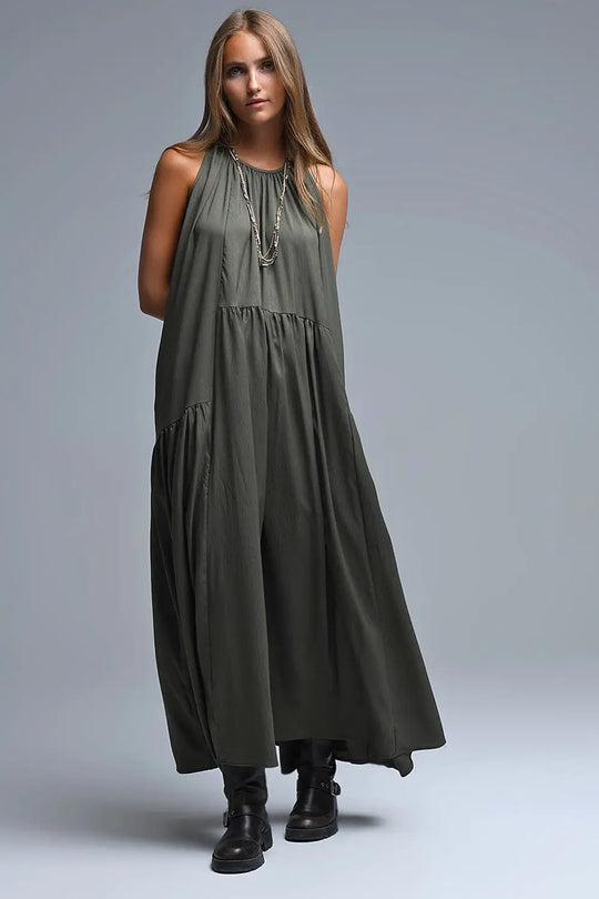 Khaki Halter Neck Maxi Dress With Seam Detailing - Dresses