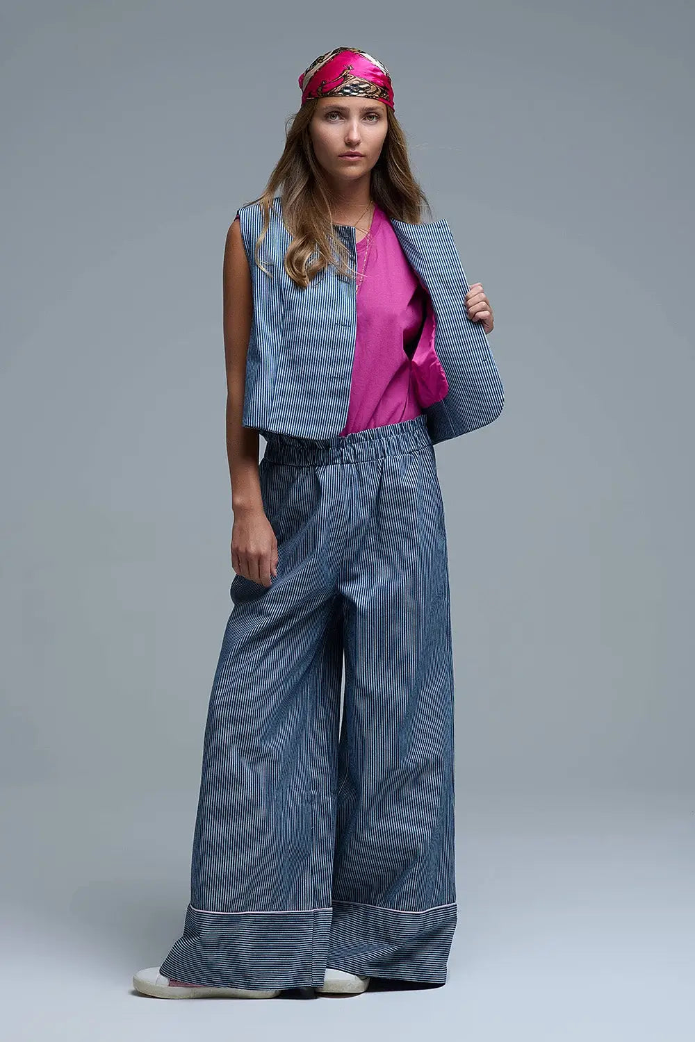 Blue and White Striped Crew Neck Vest - Jackets