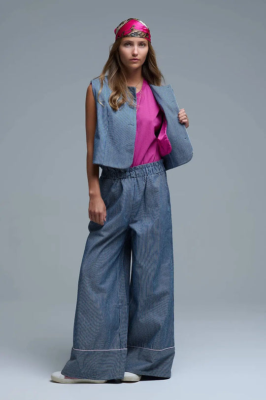 Blue and White Striped Crew Neck Vest - Jackets