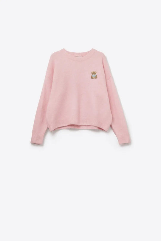 Cute Pink Cropped Bear Patch Sweater - PINK / ONE - Sweaters