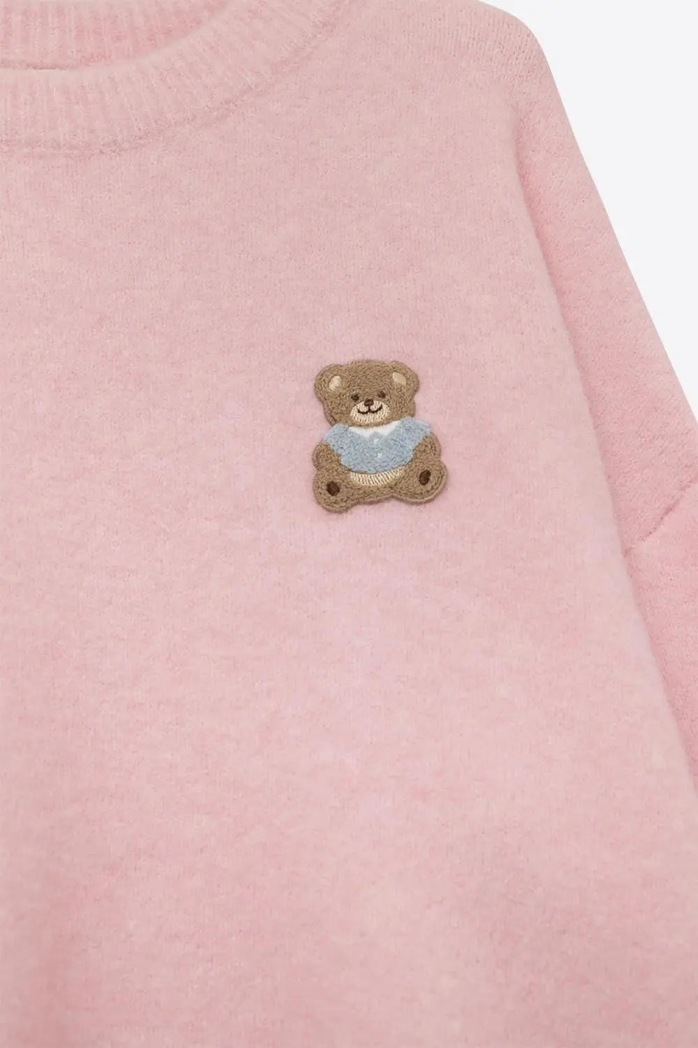 Cute Pink Cropped Bear Patch Sweater - PINK / ONE - Sweaters