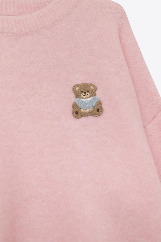 Cute Pink Cropped Bear Patch Sweater - PINK / ONE - Sweaters