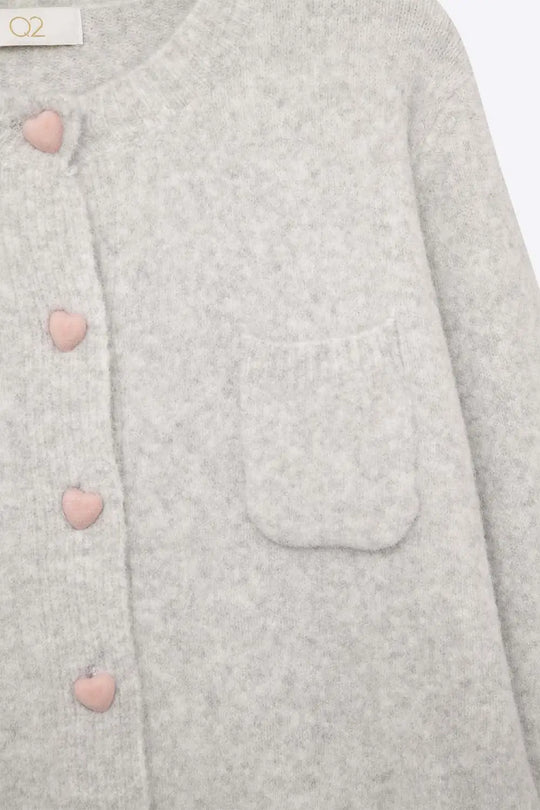 fluffy Gray Cardigan with Heart Buttons - GRAY / ONE - Cardigans