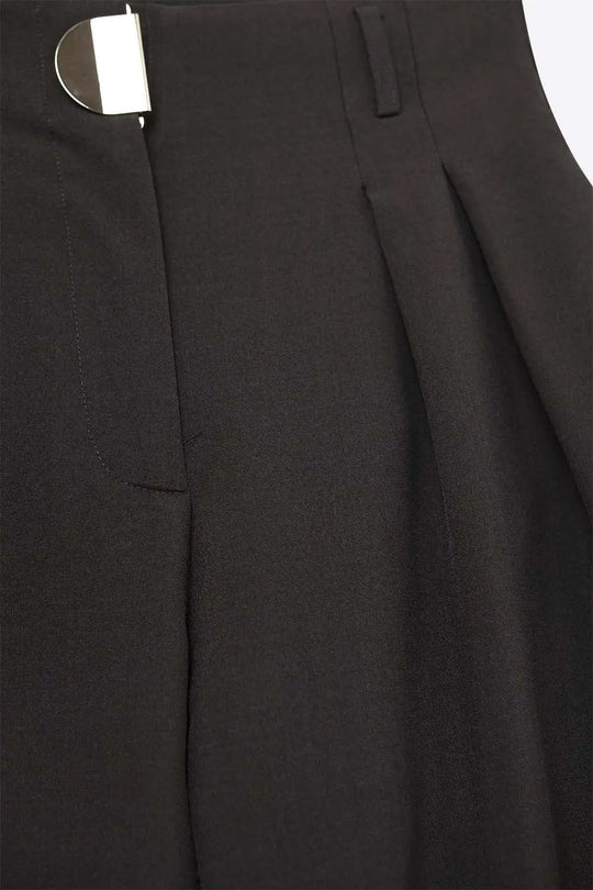 Black pleated Wide Pants with with metal buckle - Pants