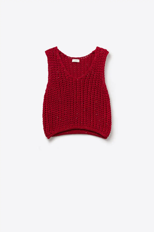 Crochet Cropped Vest in Red With sequins Thread - RED / ONE - Sweaters