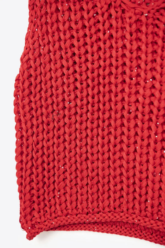 Crochet Cropped Vest in Red With sequins Thread - RED / ONE - Sweaters